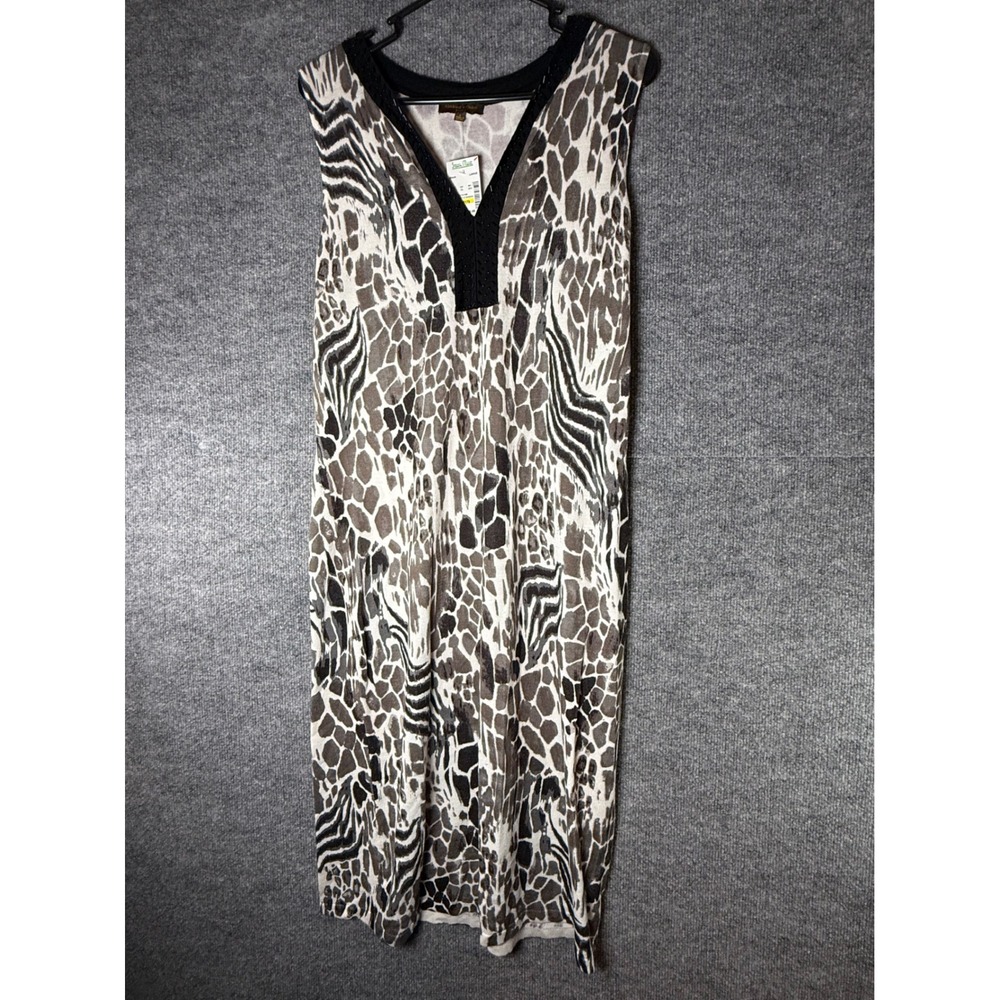 Adrienne Vittadini Studio Mixed Animal Print Beaded‎ V-Neck Midi Dress Large NEW